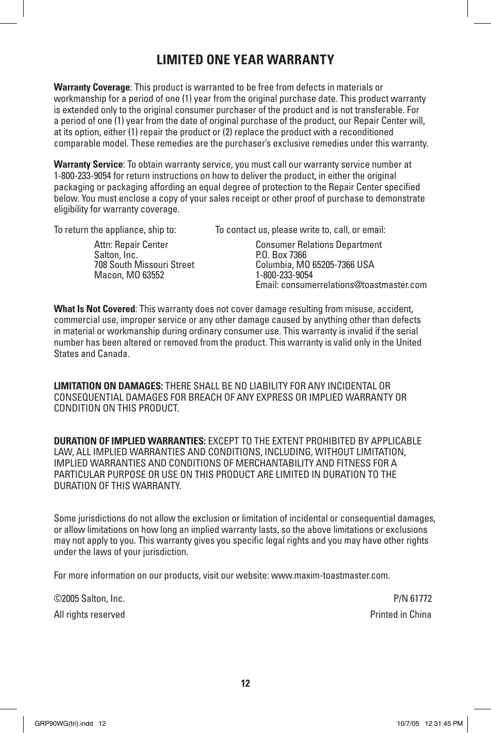 Limited one year warranty | George Foreman GRP90WG User Manual | Page 12 / 12