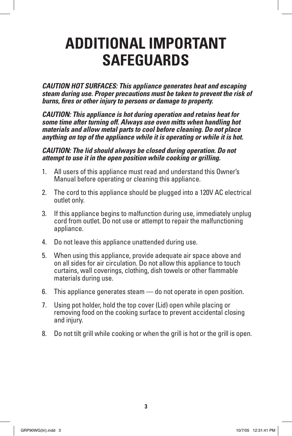 Additional important safeguards | George Foreman GRP90WG User Manual | Page 3 / 12