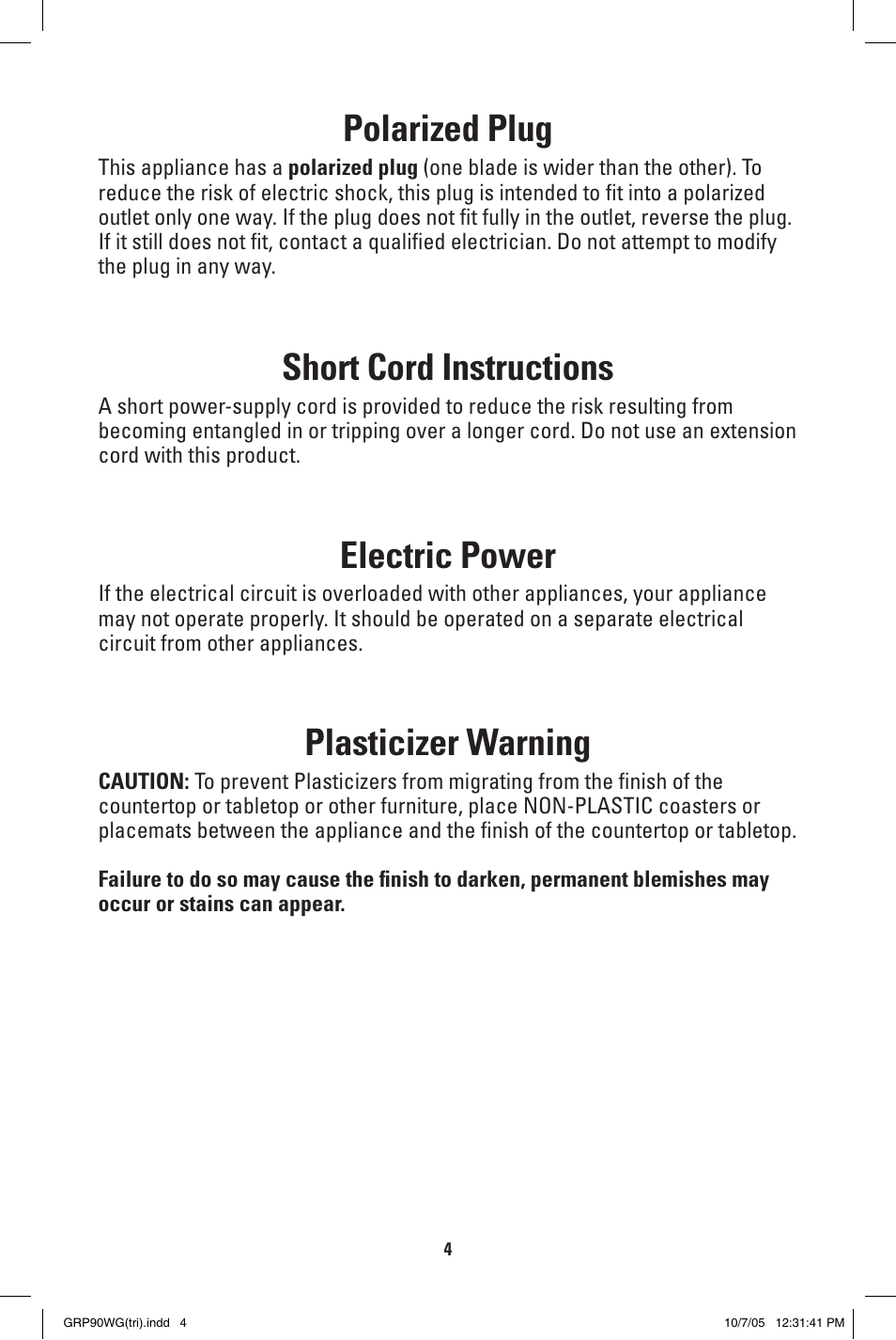 Polarized plug, Short cord instructions, Electric power | Plasticizer warning | George Foreman GRP90WG User Manual | Page 4 / 12