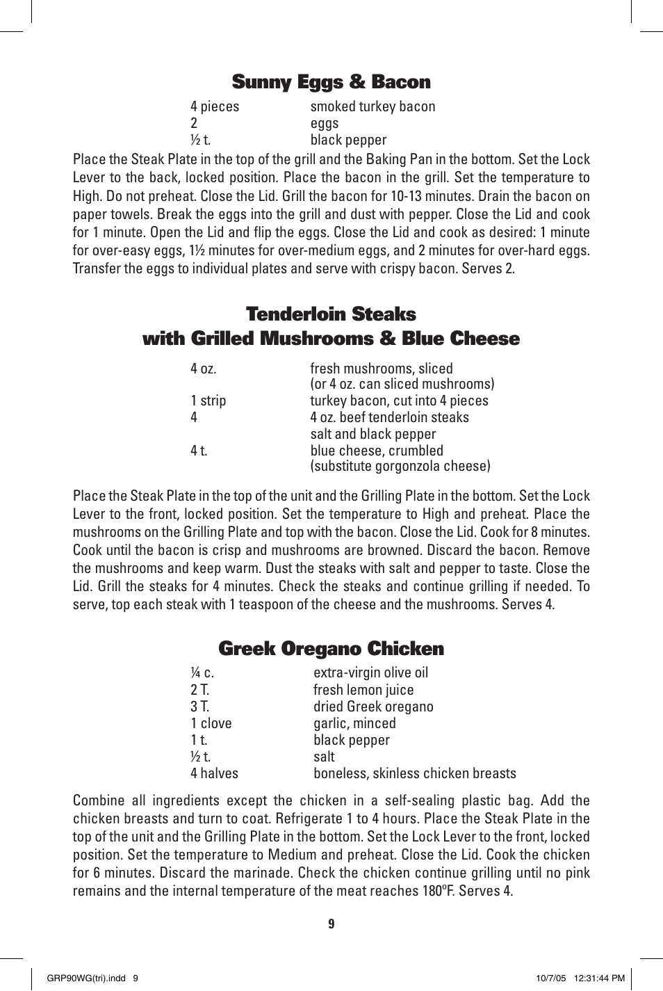 Sunny eggs & bacon, Greek oregano chicken | George Foreman GRP90WG User Manual | Page 9 / 12
