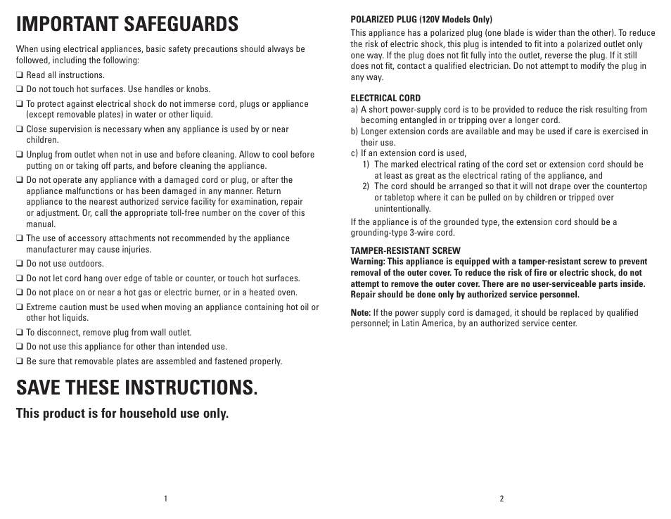 Important safeguards, Save these instructions, This product is for household use only | George Foreman GRP106QPGBQ User Manual | Page 2 / 23
