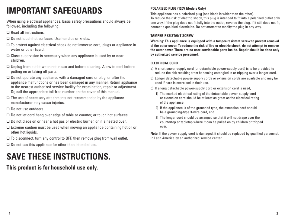 Important safeguards, Save these instructions, This product is for household use only | George Foreman GRP72CTB User Manual | Page 2 / 15