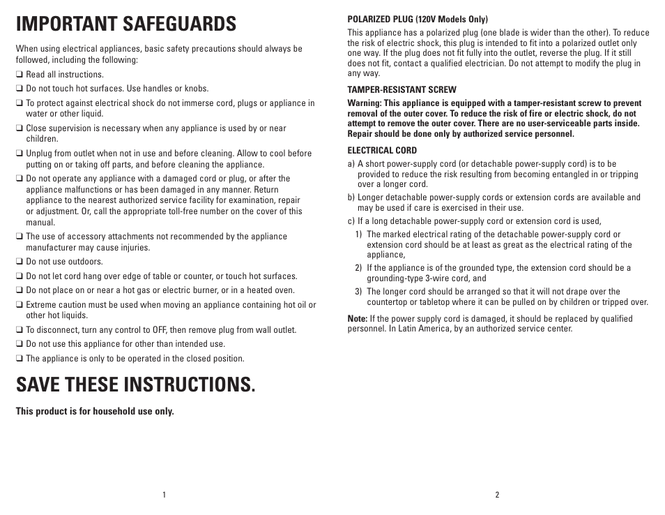Important safeguards, Save these instructions | George Foreman GV6SQVC User Manual | Page 2 / 15