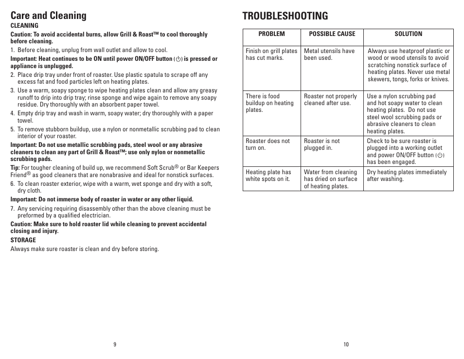 Troubleshooting care and cleaning | George Foreman GV6SQVC User Manual | Page 6 / 15