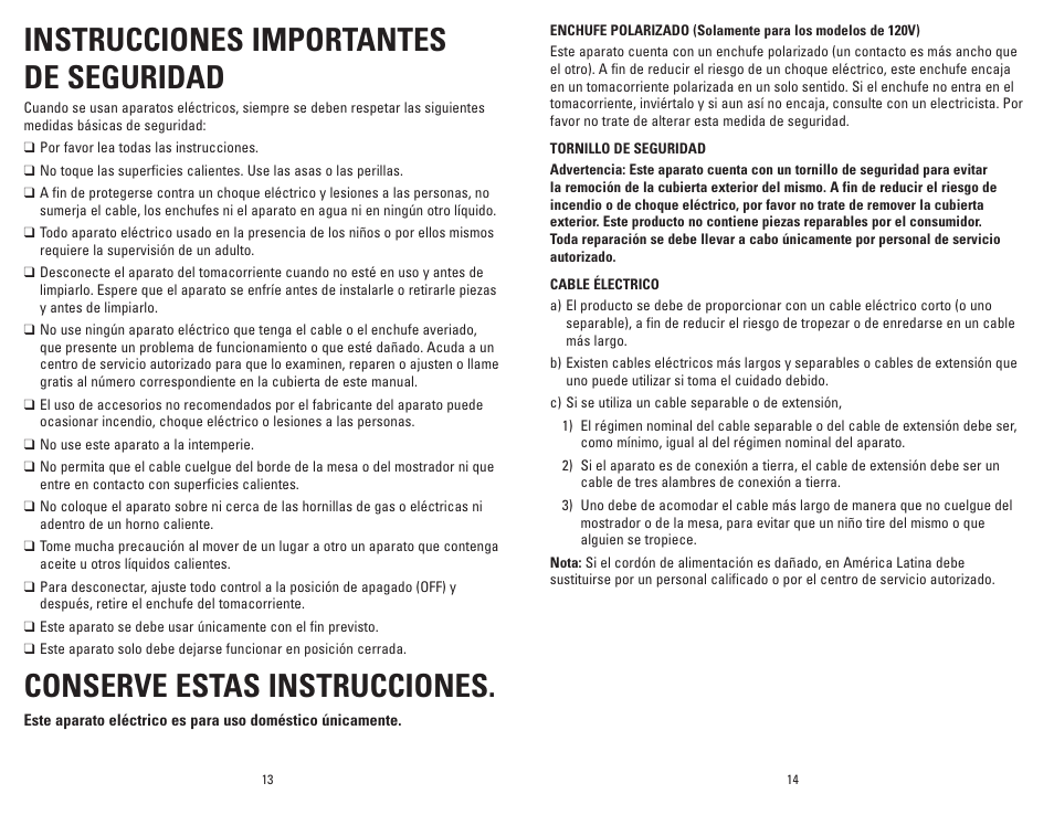 Instrucciones importantes de seguridad, Conserve estas instrucciones | George Foreman GV6SQVC User Manual | Page 8 / 15