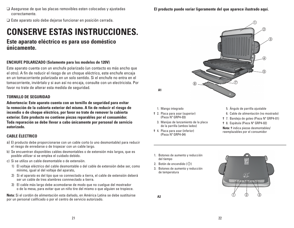 Conserve estas instrucciones | George Foreman GRP4EMB User Manual | Page 12 / 23