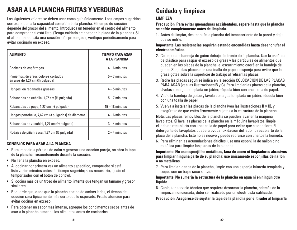 Asar a la plancha frutas y verduras, Cuidado y limpieza | George Foreman GRP4EMB User Manual | Page 17 / 23