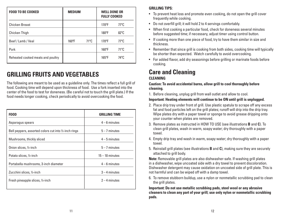 Grilling fruits and vegetables, Care and cleaning | George Foreman GRP4EMB User Manual | Page 7 / 23