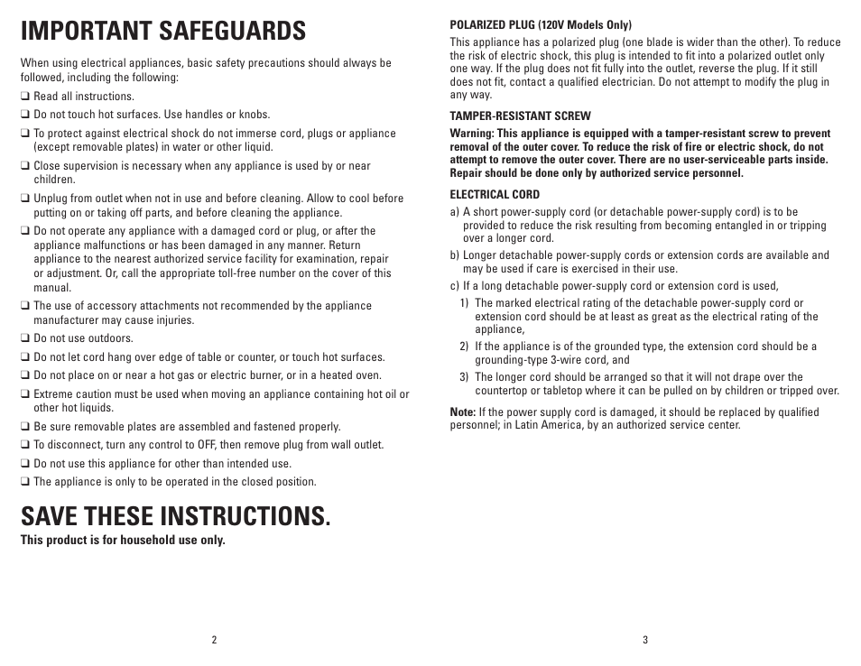 Important safeguards, Save these instructions | George Foreman G-broil GR0072P User Manual | Page 2 / 17