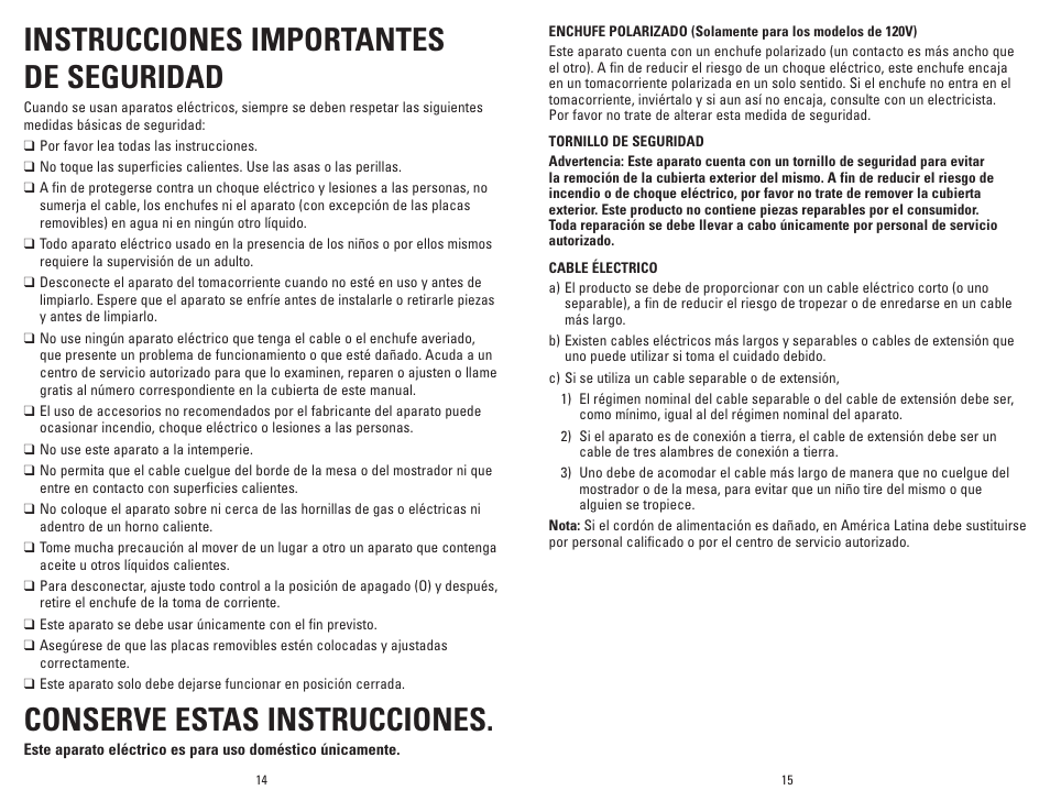 Instrucciones importantes de seguridad, Conserve estas instrucciones | George Foreman G-broil GR0072P User Manual | Page 8 / 17