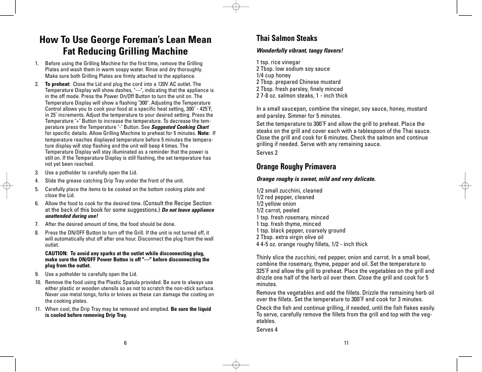 Thai salmon steaks, Orange roughy primavera | George Foreman GRP4PVT User Manual | Page 11 / 16