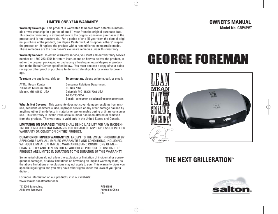 George foreman, The next grilleration, Owner’s manual | George Foreman GRP4PVT User Manual | Page 16 / 16