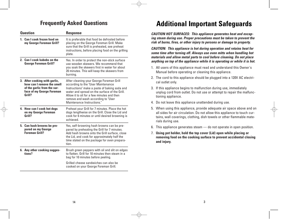 Additional important safeguards, Frequently asked questions | George Foreman GRP4PVT User Manual | Page 3 / 16