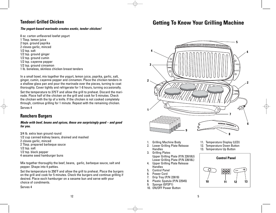 Getting to know your grilling machine, Tandoori grilled chicken, Ranchero burgers | George Foreman GRP4PVT User Manual | Page 5 / 16