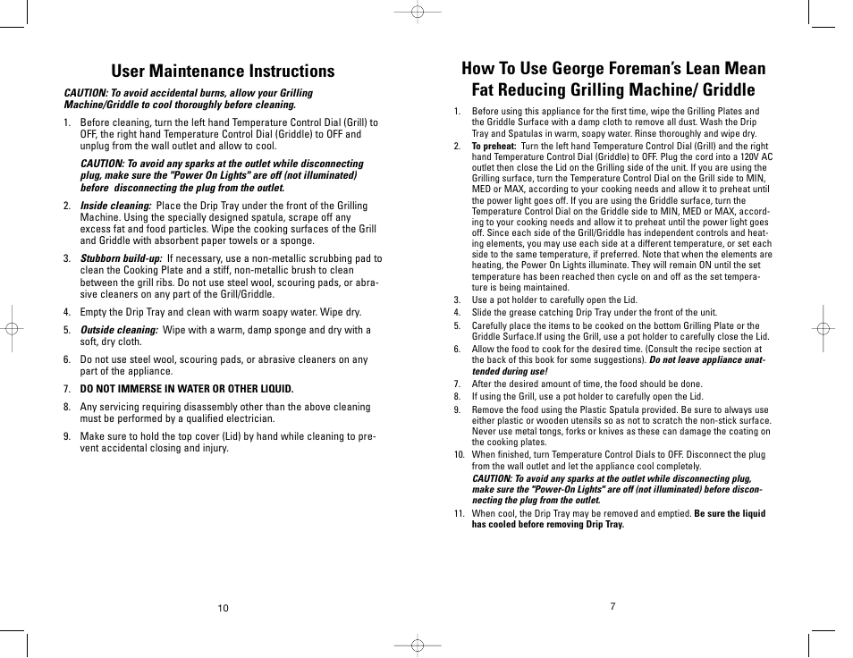 User maintenance instructions | George Foreman GF20G User Manual | Page 10 / 16