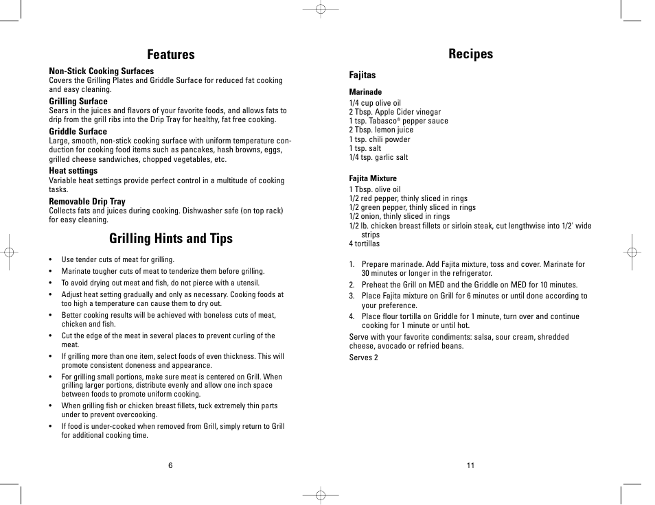 Features, Grilling hints and tips, Recipes | George Foreman GF20G User Manual | Page 11 / 16