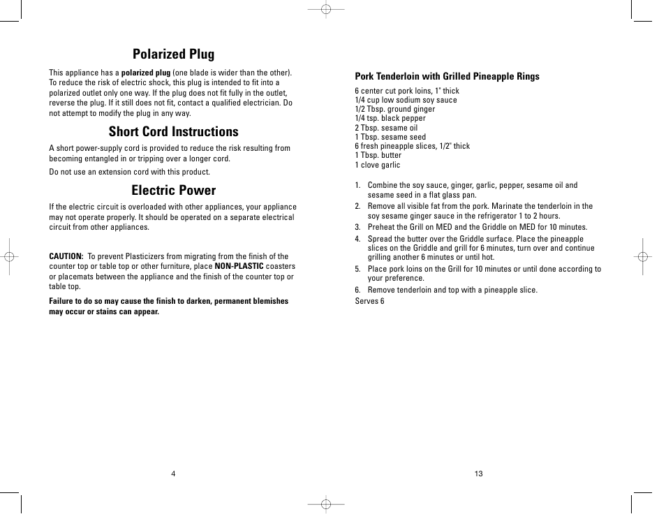 Polarized plug, Short cord instructions, Electric power | George Foreman GF20G User Manual | Page 13 / 16