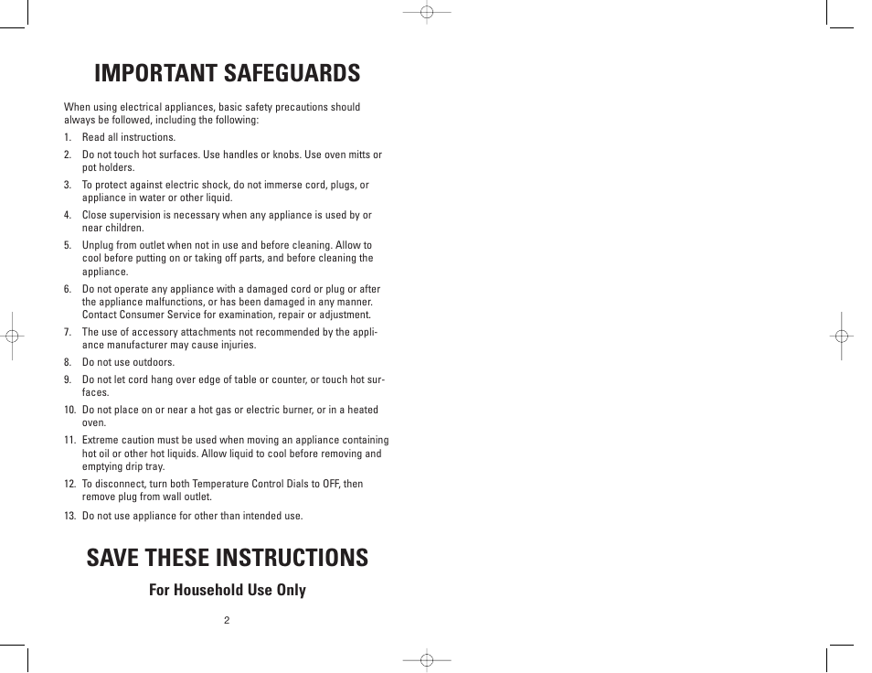 Important safeguards, Save these instructions, For household use only | George Foreman GF20G User Manual | Page 15 / 16