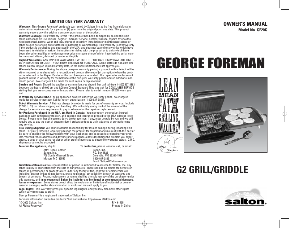 George foreman, G2 grill/griddle, Owner’s manual | George Foreman GF20G User Manual | Page 16 / 16