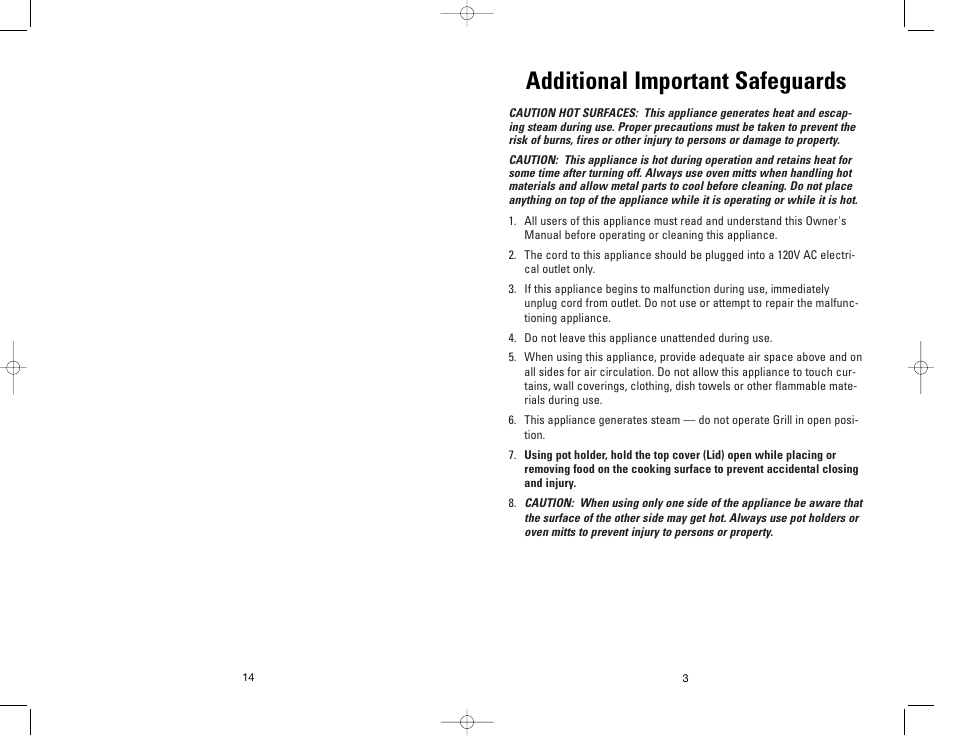Additional important safeguards | George Foreman GF20G User Manual | Page 3 / 16