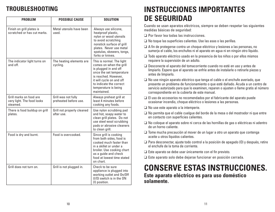 Conserve estas instrucciones, Instrucciones importantes de seguridad, Troubleshooting | George Foreman GLP80VQ User Manual | Page 6 / 13