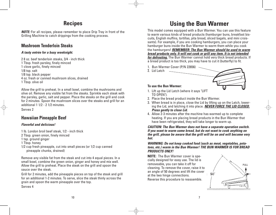 Using the bun warmer, Recipes | George Foreman GRP4PBWTMR User Manual | Page 10 / 16