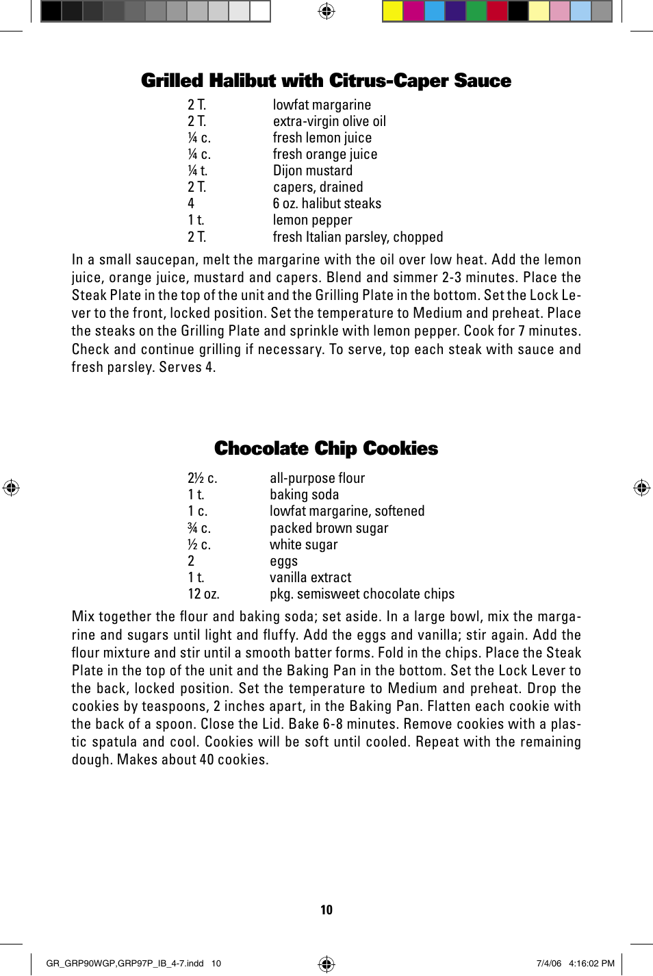 Grilled halibut with citrus-caper sauce, Chocolate chip cookies | George Foreman GRP97P User Manual | Page 10 / 12
