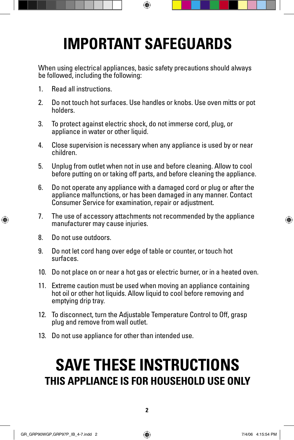 Save these instructions, Important safeguards, This appliance is for household use only | George Foreman GRP97P User Manual | Page 2 / 12