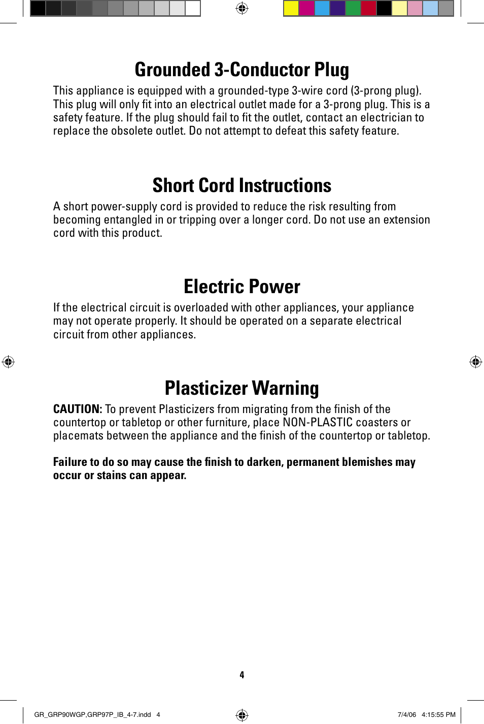 Grounded 3-conductor plug, Short cord instructions, Electric power | Plasticizer warning | George Foreman GRP97P User Manual | Page 4 / 12