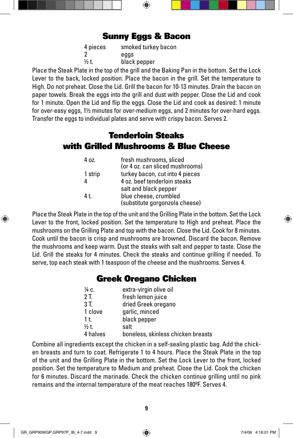 Sunny eggs & bacon, Greek oregano chicken | George Foreman GRP97P User Manual | Page 9 / 12
