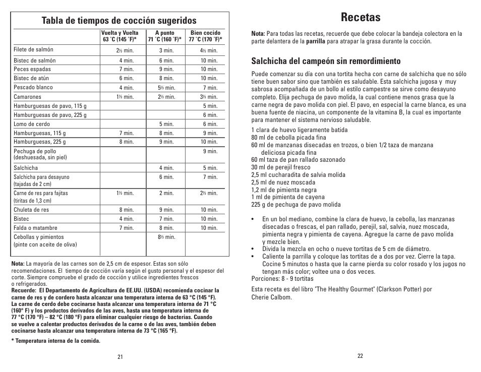 Recetas, Tabla de tiempos de cocción sugeridos, Salchicha del campeón sin remordimiento | George Foreman Super Champ GR20B User Manual | Page 12 / 17