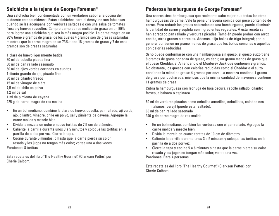 Poderosa hamburguesa de george foreman, Salchicha a la tejana de george foreman | George Foreman Super Champ GR20B User Manual | Page 13 / 17