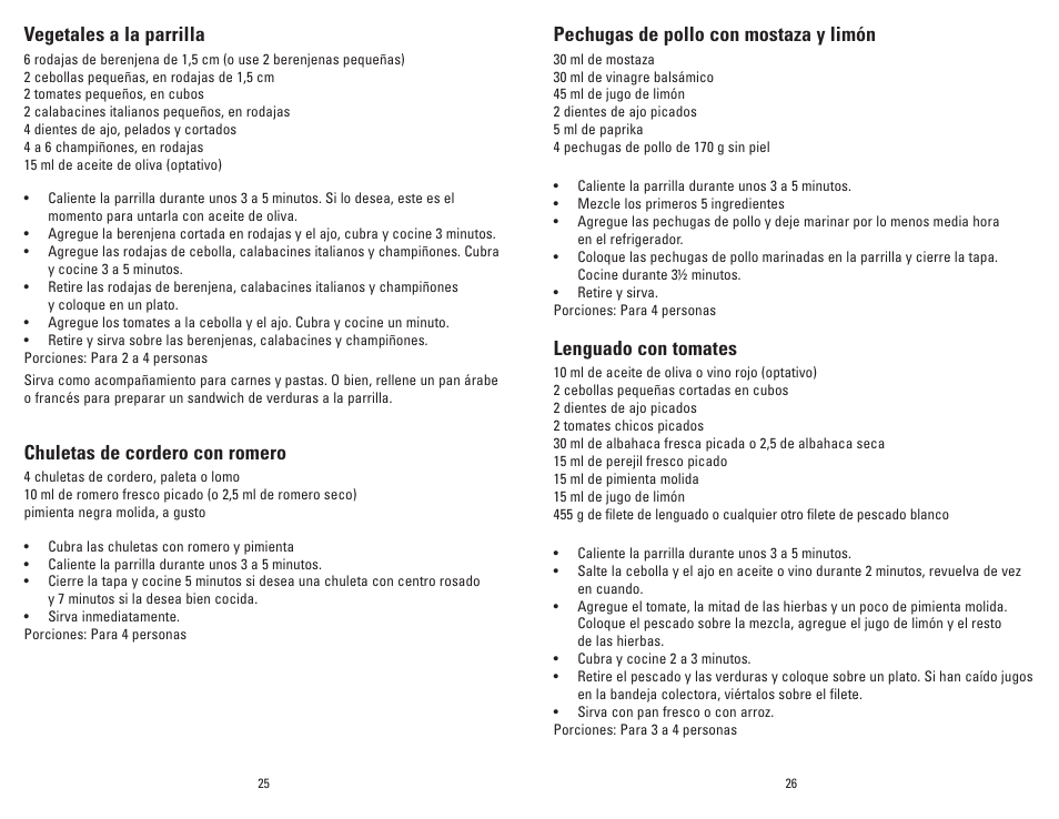Pechugas de pollo con mostaza y limón, Lenguado con tomates, Vegetales a la parrilla | Chuletas de cordero con romero | George Foreman Super Champ GR20B User Manual | Page 14 / 17