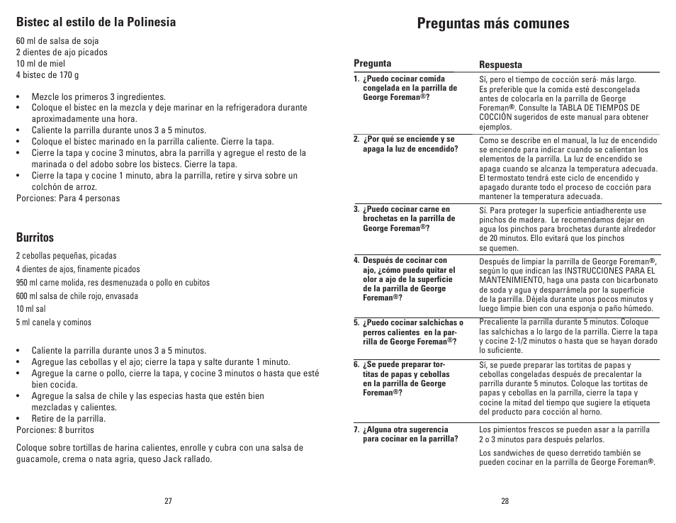 Preguntas más comunes, Bistec al estilo de la polinesia, Burritos | George Foreman Super Champ GR20B User Manual | Page 15 / 17