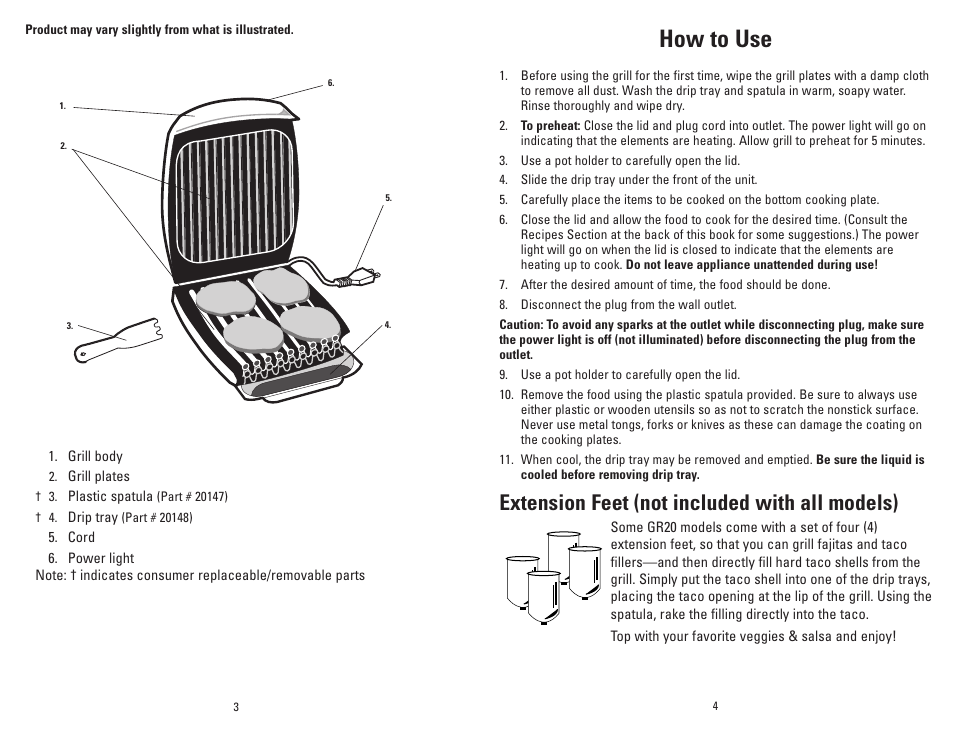 How to use, Extension feet (not included with all models) | George Foreman Super Champ GR20B User Manual | Page 3 / 17
