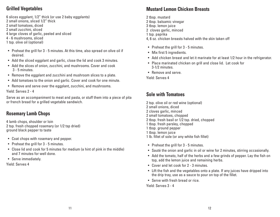 Mustard lemon chicken breasts, Sole with tomatoes, Grilled vegetables | Rosemary lamb chops | George Foreman Super Champ GR20B User Manual | Page 7 / 17