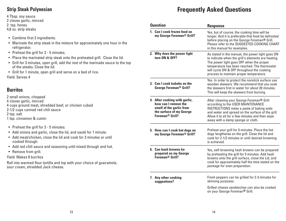 Frequently asked questions, Strip steak polynesian, Burritos | George Foreman Super Champ GR20B User Manual | Page 8 / 17