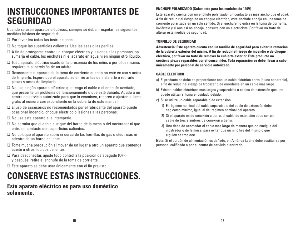 Instrucciones importantes de seguridad, Conserve estas instrucciones | George Foreman Super Champ GR20B User Manual | Page 9 / 17