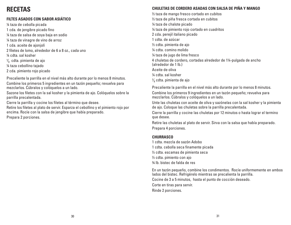 Recetas | George Foreman GRP72CTTSRQ User Manual | Page 16 / 19