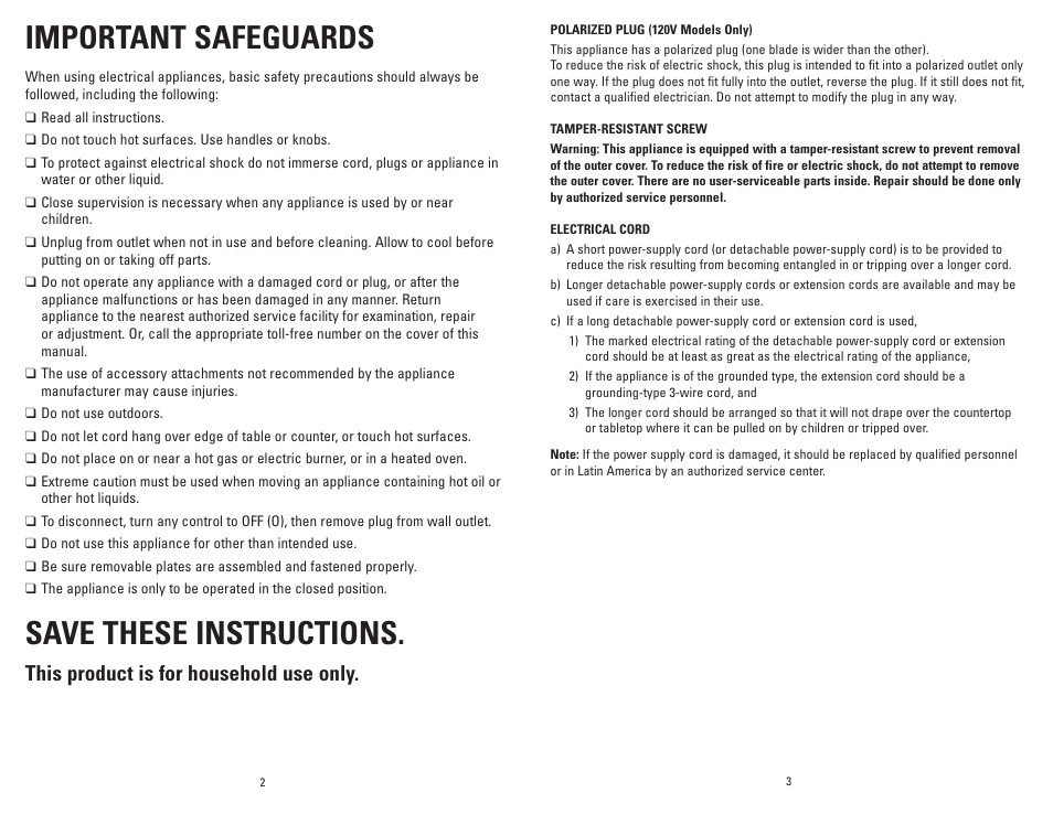 Important safeguards, Save these instructions, This product is for household use only | George Foreman GRP72CTTSRQ User Manual | Page 2 / 19