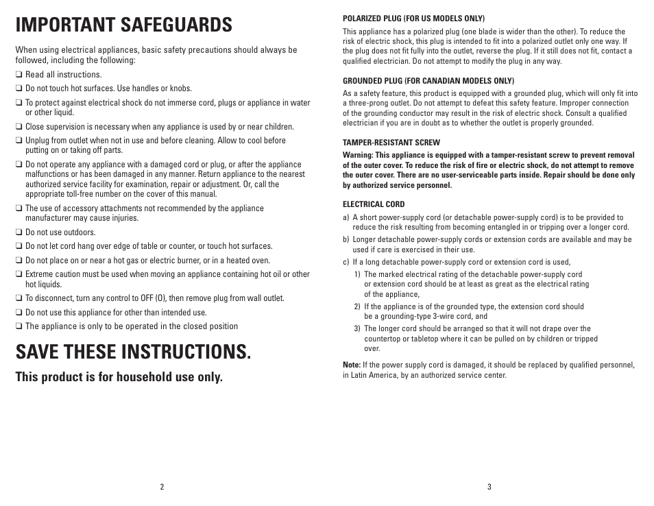 Important safeguards, Save these instructions, This product is for household use only | George Foreman GLP80V User Manual | Page 2 / 13