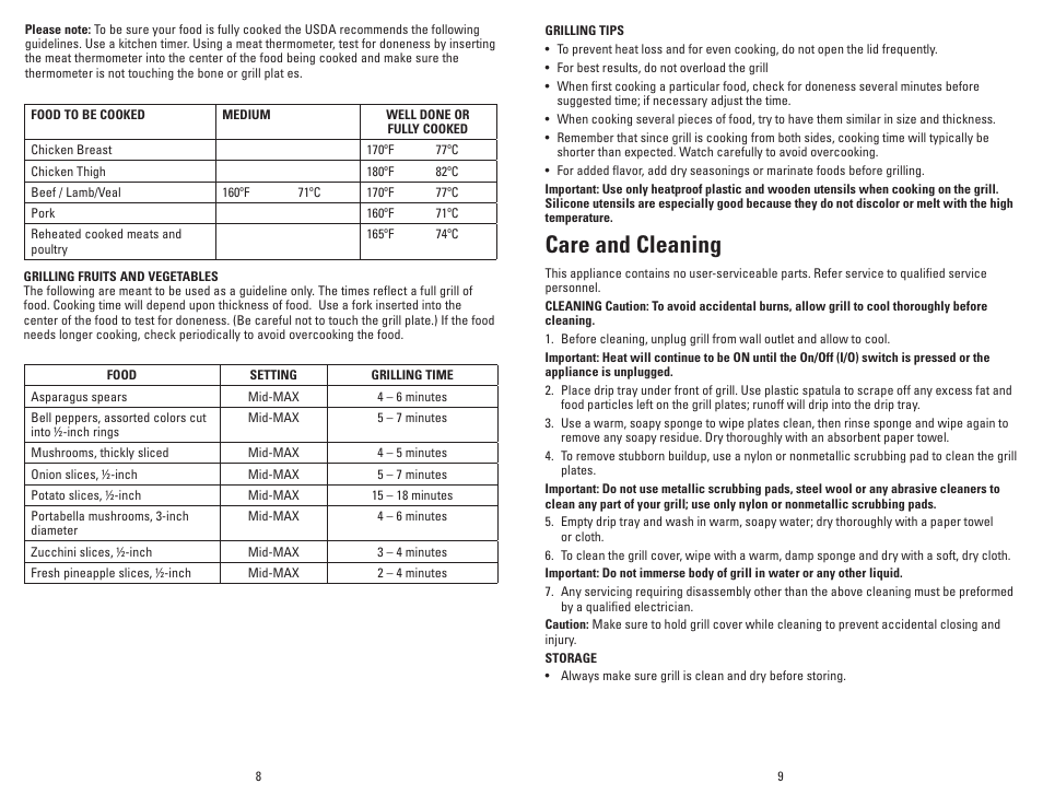 Care and cleaning | George Foreman GLP80V User Manual | Page 5 / 13