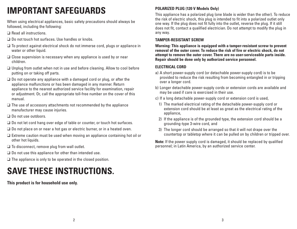 Important safeguards, Save these instructions | George Foreman GR0038W User Manual | Page 2 / 15
