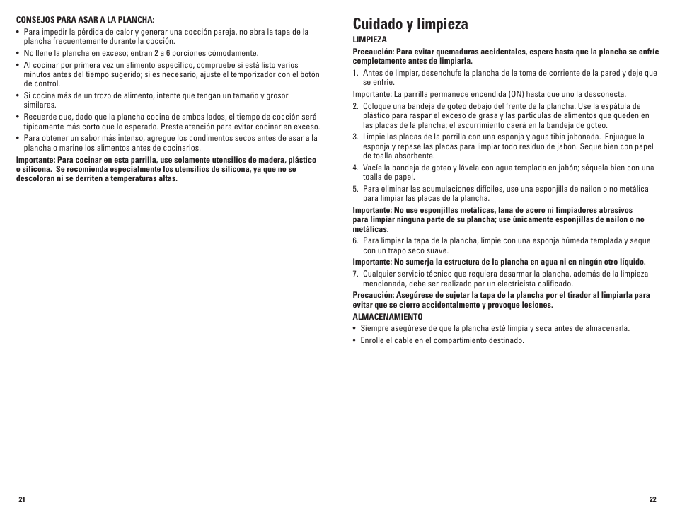 Cuidado y limpieza | George Foreman GRP100 User Manual | Page 12 / 15