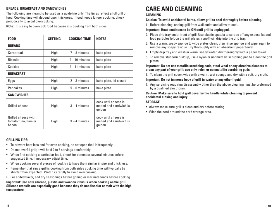 Care and cleaning | George Foreman GRP100 User Manual | Page 6 / 15
