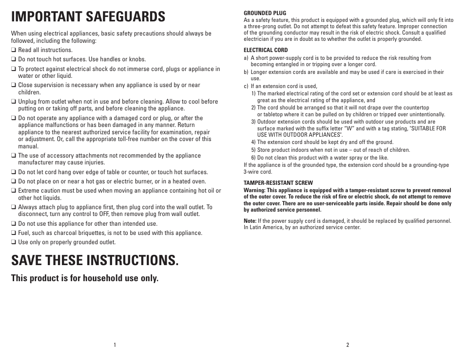 Important safeguards, Save these instructions, This product is for household use only | George Foreman GGR201RCDS User Manual | Page 2 / 13