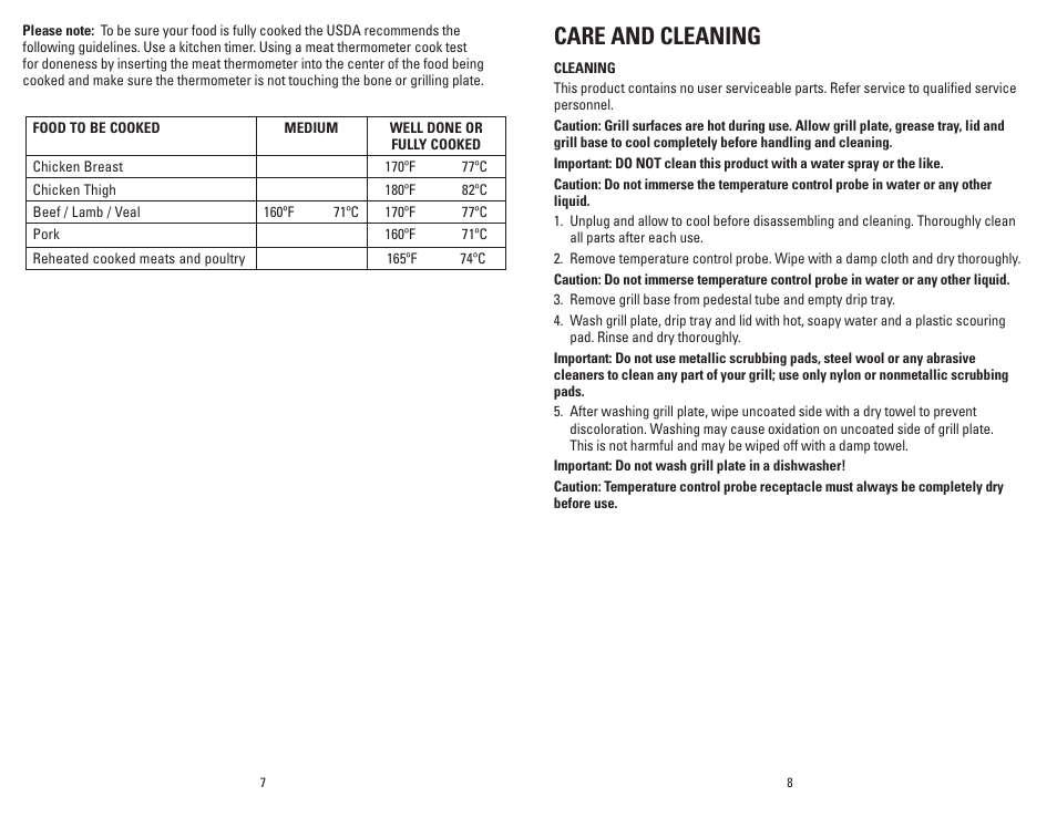Care and cleaning | George Foreman GGR201RCDS User Manual | Page 5 / 13