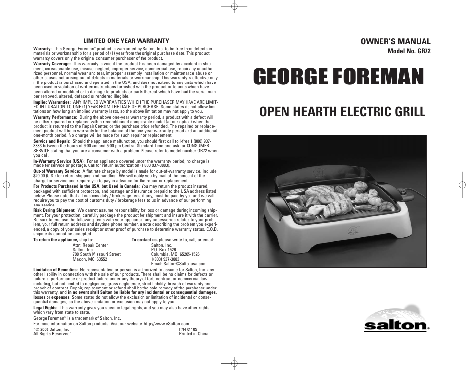 George foreman, Open hearth electric grill, Owner’s manual | George Foreman GR72 User Manual | Page 10 / 10