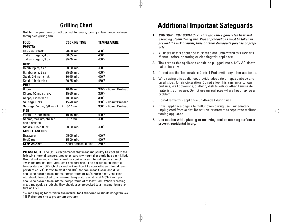 Additional important safeguards, Grilling chart | George Foreman GR72 User Manual | Page 3 / 10