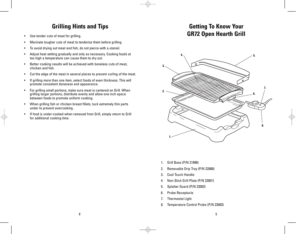 Grilling hints and tips, Getting to know your gr72 open hearth grill | George Foreman GR72 User Manual | Page 5 / 10
